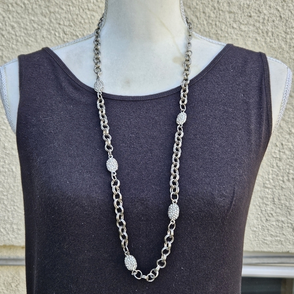 long silver tone chain necklace with rhinestone stations
